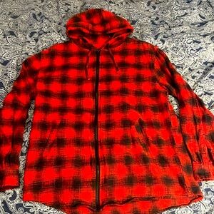 🔥RED & BLACK VINTAGE ZIP UP HOODED FLANNEL SCALLOP BOTTOM L/S W/ POCKETS
